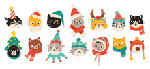 Set Of Christmas Cats Wearing Winter Accessories Like Hats And Scarves. Vector Illustration Of Cute Animal Faces In Festive Outfits Displaying Various Emotions In Colorful Cartoon Style.