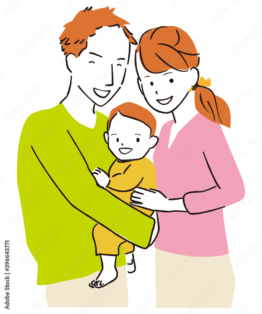手書き線画カラーイラスト 赤ちゃんと3人の家族写真 Do Pokoju Dzieciecego Fototapety