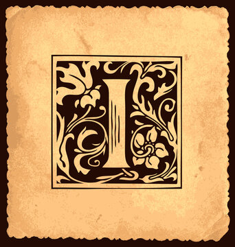 Black initial letter I with Baroque decorations on an old paper background in vintage style. Beautiful filigree capital letter H to use for monogram, greeting card, invitation, emblem, logo