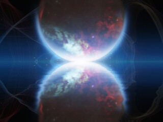 Wall Mural - Exosolar Planet Rise over quiet waters. 3D rendering