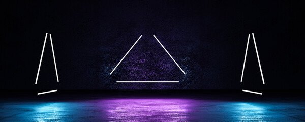 Poster - abstract dark neon industrial grunge warehouse concrete room with blue and violet neon lights 3d render illustration futuristic technology design