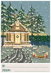 Christmas greeting postcard with cozy cabin in winter forest