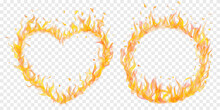 Set Of Translucent Fire Flames In The Shape Of Circle And A Heart On Transparent Background. For Used On Light Illustrations. Transparency Only In Vector Format