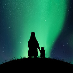 Sticker - bears family at night. animal silhouettes on hill. aurora borealis