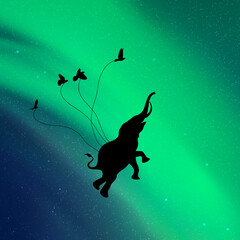 Sticker - Flying elephant and birds silhouettes in sky at night. Aurora borealis