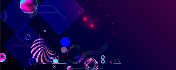 Wall Mural - Neon techno christmas tree science space abstraction background. Cosmos blue dark retro futuristic 3d starry sky glowing galaxy and planets blue