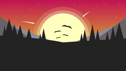 Beautiful landscape with a big setting sun and stars against the background of dark trees and hills. Birds fly in the distance. Vector illustration