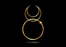 Horned God Gold Wiccan Icon. God Of Nature, Wilderness, Sexuality, Hunting. Wicca Deities Symbol Consort Triple Goddess, Moon Horned Taurus Sign, Golden Vector Isolate On Black Background 
