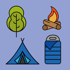 Poster - bundle of four camping set line and fill icons in yellow background vector illustration design