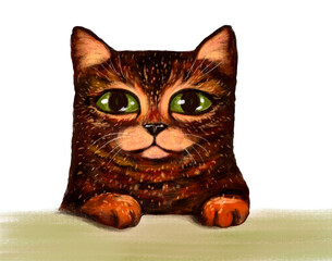 illustration of a funny cartoon tabby cat, ginger brown, sitting with its paws out and looking at the camera. Crayon-drawn funny kitten with green big eyes