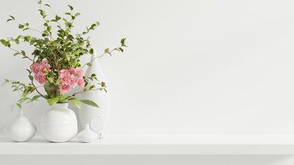 Mockup wall with ornamental plants and decoration item on shelf wooden.