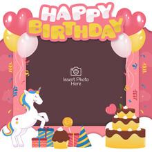 Happy Birthday Frame With Unicorn Character And Cakes Illustration