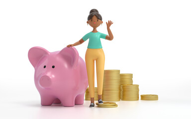 Wall Mural - A woman sitting on a piggy bank. Earning, saving and investing money concept.  3d rendering,conceptual image