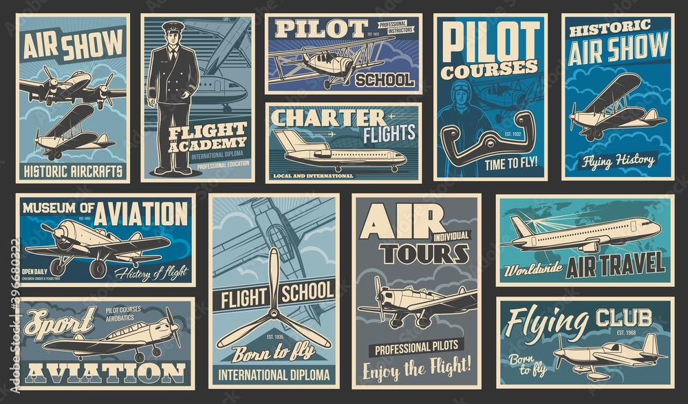 Plane flying and aircraft flight, aviation vintage retro retro posters, vector. Airplane aviators academy and pilot flights school, historic planes and aviation museum, travel and charter flights - obrazy, fototapety, plakaty 