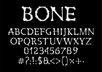 Poster - Bones font, halloween vector type, uppercase alphabet letters, digits and symbols. Skeleton pirate style spooky typeface, numbers and signs. Capital english bone cartoon font scary characters set