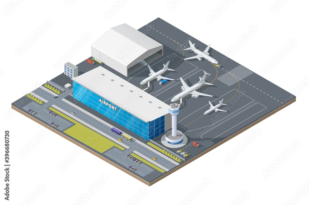 Isometric airport building with airplanes on runway and traffic control ...