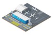 © Vector Tradition - Isometric airport building with airplanes on runway and traffic control tower. 3d vector passenger terminal infrastructure, airport facade with facilities and transport bus, taxi cars and fuel trucks