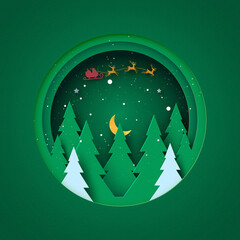 Merry Christmas and Happy new year concept.Winter landscape in green circle decorated with christmas tree,stars and santa claus.