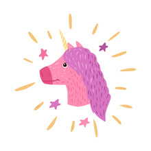 Composition Head Unicorn White Radiance And Stars On White Background. Cartoon Cute Character Pink Color In Doodle.