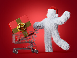 Wall Mural - 3d render, white hairy yeti in Santa Claus hat, holds shopping cart with big gift box inside, bigfoot cartoon character goes shopping. Funny clip art isolated on red background