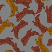 Seamless Random Pale Fall Style Ornament Boots Pattern. Maroon And Ocher Fashion Silhouettes On Grey Background.