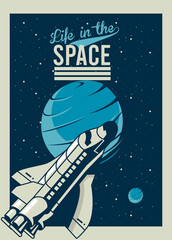 Sticker - life in the space lettering with spaceship and venus planet in poster vintage style