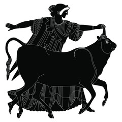 Europa with Zeus as bull. Ancient Greek mythology. Black and white silhouette. Vase painting style.