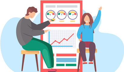 Fototapete - Human infographic. Child with dad near poster, report with diagrams and graphs. Statistics demographics, families and infants info elements. Vector Illustration template for presentation Information