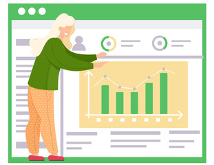 Fototapete - The girl points to the bar graph on the poster on the background. Office work management. Data analysis concept. Statistical chart with indicators. Billboard with text and picture of columns