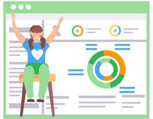 Fototapete - Smiling girl sitting on a chair and raising her hands up. Office work management. Data analysis concept. Statistical graph with indicators. Billboard with inscriptions and a pie chart on background