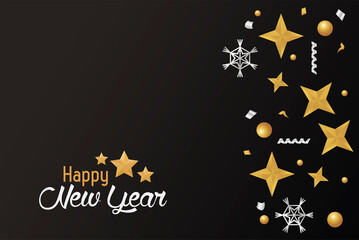 Canvas Print - happy new year card with golden stars and silver snowflakes