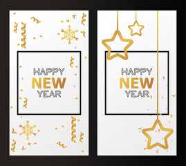 Canvas Print - happy new year cards with golden stars hanging and confetti