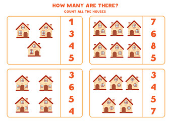 Counting worksheet with cartoon houses. Educational game.