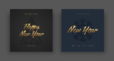 Wall Mural - Happy New Year and Merry Christmas sale stories template set for social media. Vector illustration with gold lettering for flyer, banner and invitation card.