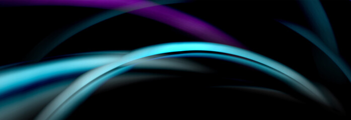 Dynamic motion abstract background. Color blurred stripes on black. Wave liquid lines poster. Vector illustration