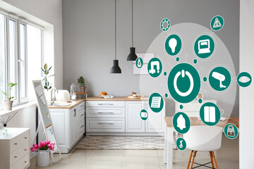 Canvas Print - Futuristic interface of smart home automation and interior of kitchen