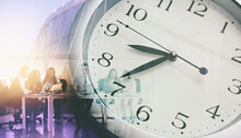 Triple Exposure Of Clock, Modern Building And People Having Business Meeting. Concept Of Time Management
