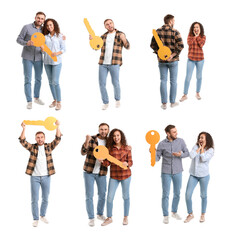 Poster - Set of young couple holding big paper key on white background