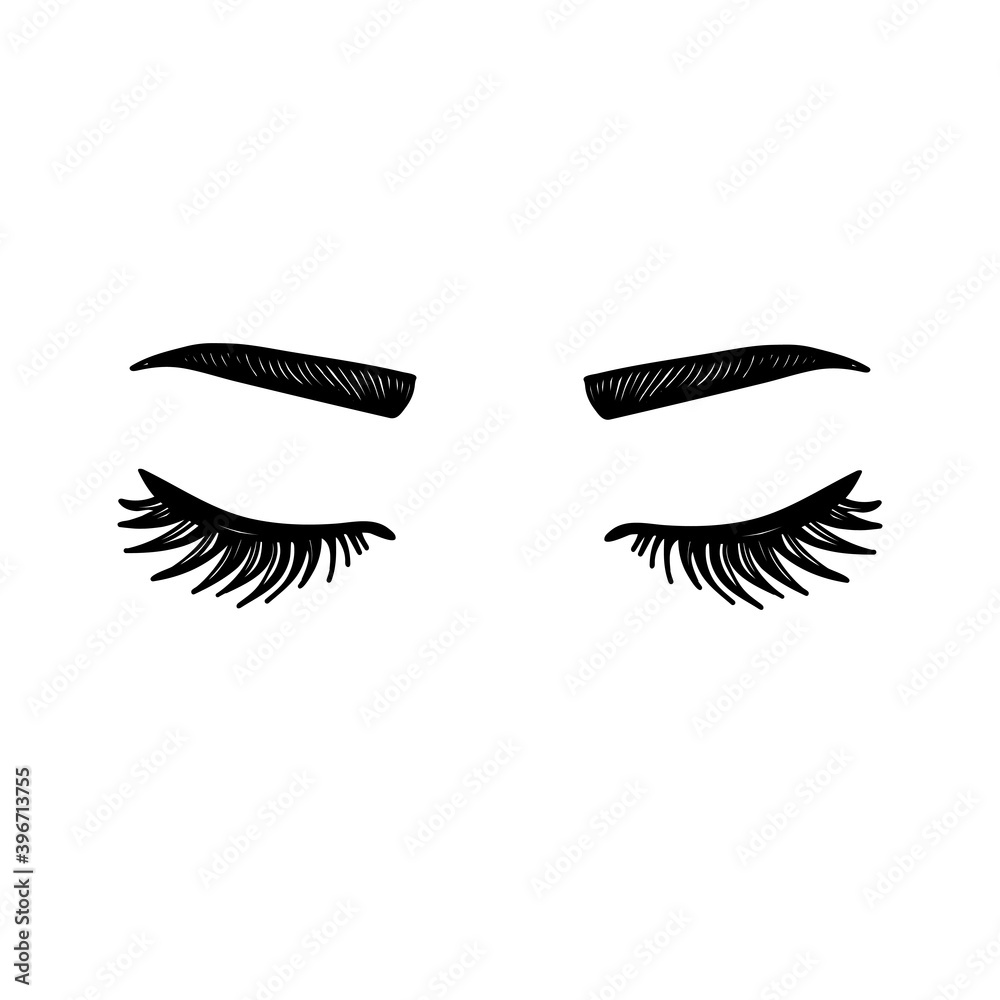 Closed eyes with eyelashes. Women eyes simple illustration. black white .  eyelashes, eyebrows, eye sketch, black and white Stock Vector | Adobe Stock, image size:1000x1000