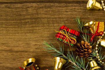 Wall Mural - Christmas decoration border on wooden surface with a large copy space,top view