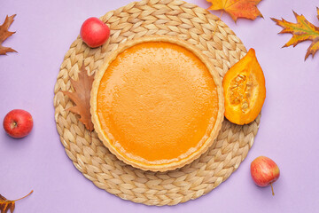 Composition with tasty pumpkin pie on color background