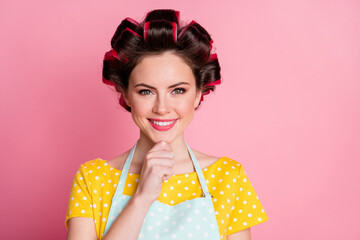 Canvas Print - Close-up portrait of her she nice attractive charming brown-haired woman housewife touching chin isolated over pink pastel color background