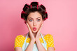 © deagreez - Close-up portrait of her she attractive lovely amazed brown-haired housewife mom mother pout lips reaction isolated over pink pastel color background