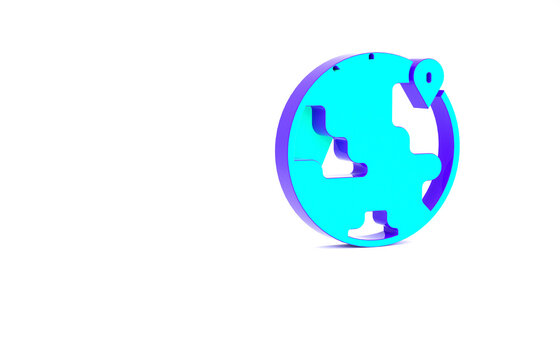 Turquoise Location on the globe icon isolated on white background. World or Earth sign. Minimalism concept. 3d illustration 3D render.