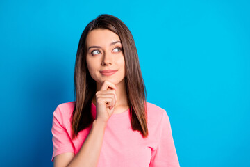 Sticker - Photo portrait of curious female brunette looking at blank space thinking about idea isolated on vivid blue color background