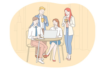 Wall Mural - Teamwork, negotiations, business communication about startup concept. Group of young smiling business people coworkers cartoon characters discussing projects in office with laptop together