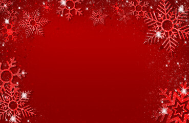 Christmas background with shining red snowflakes and snow Red snowflake sparkle, Center area to add your content.