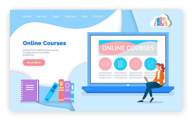 Poster - Online courses, educational website, landing page, studying material in internet, methods of self study, woman working with laptop, listening audio books, reading document, learning information