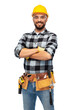 © Syda Productions - profession, construction and building - happy smiling male worker or builder in helmet and goggles with crossed arms over white background