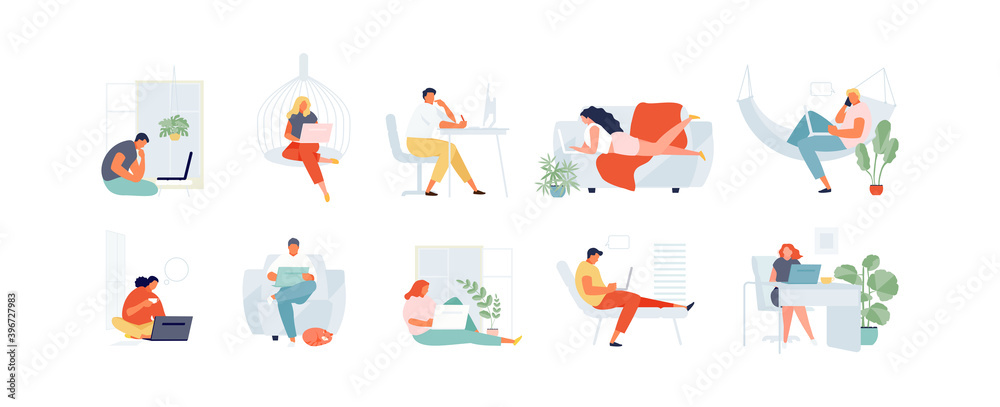 People working at home. Freelance and remote work. Distance learning students vector illustration - obrazy, fototapety, plakaty 